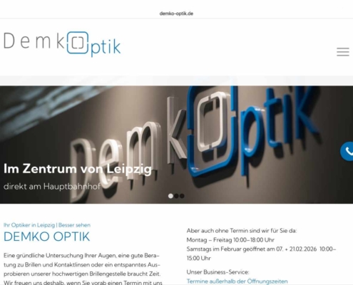Demko Optik Leipzig-Website Startbereich der Website des Leipziger Optiker Demko Optik
